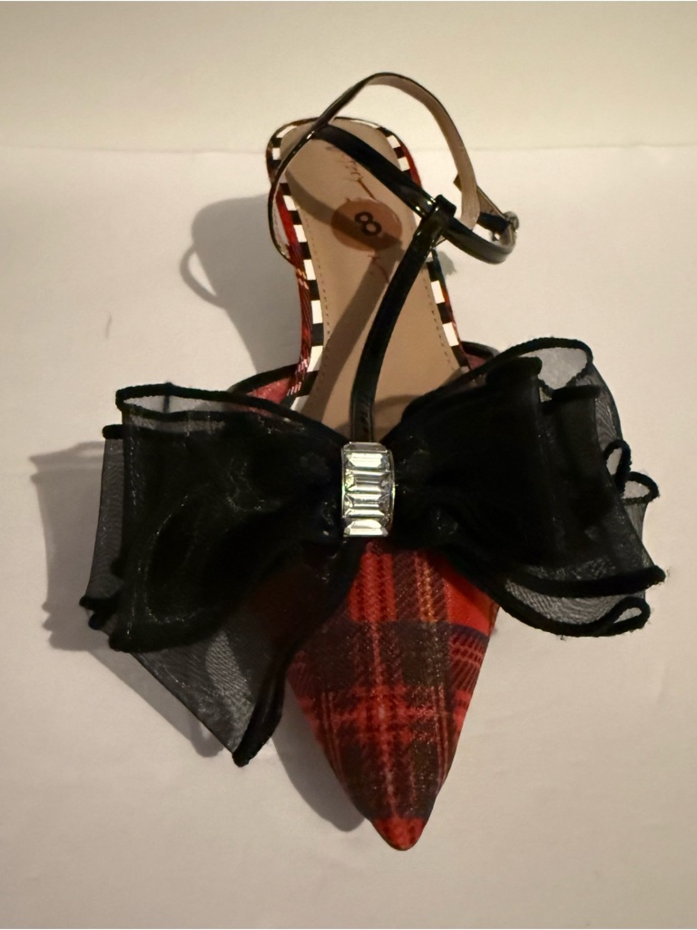 Betsey Johnson Red Tartan Pointed T-Strap Heels with Black Ruffle - Picture 5 of 8